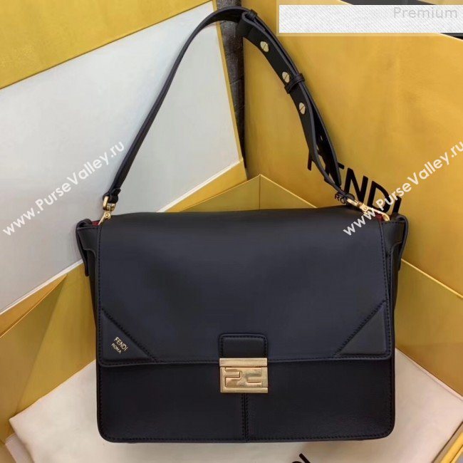 Fendi Kan U Large Matte Calfskin Embossed Corners Flap Bag Black 2019  (AFEI-9080669)