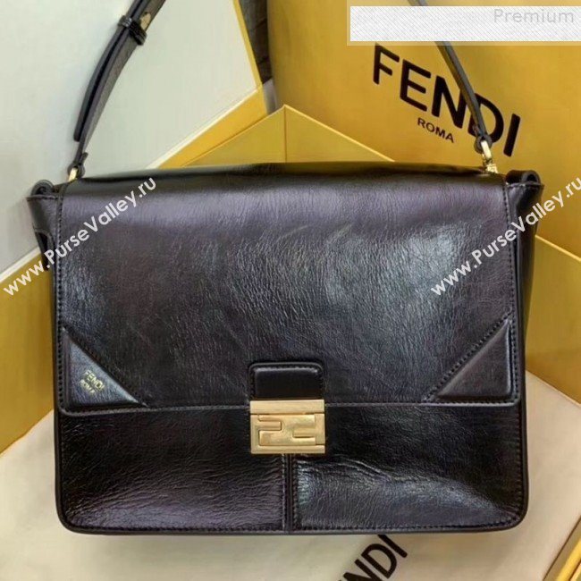 Fendi Kan U Large Vintage Calfskin Embossed Corners Flap Bag Black 2019  (AFEI-9080665)