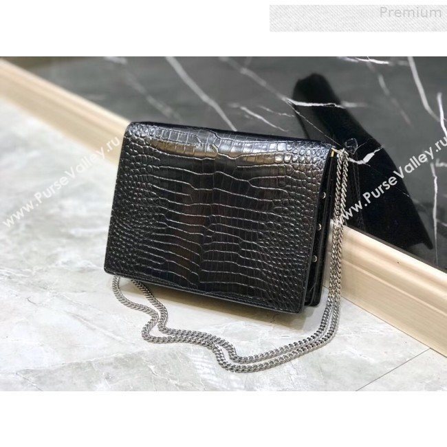 Saint Laurent Cassandra Monogram Clasp Shoulder Bag in Crocodile Embossed Leather 532750 Black 2019 (YIDA-9081005)