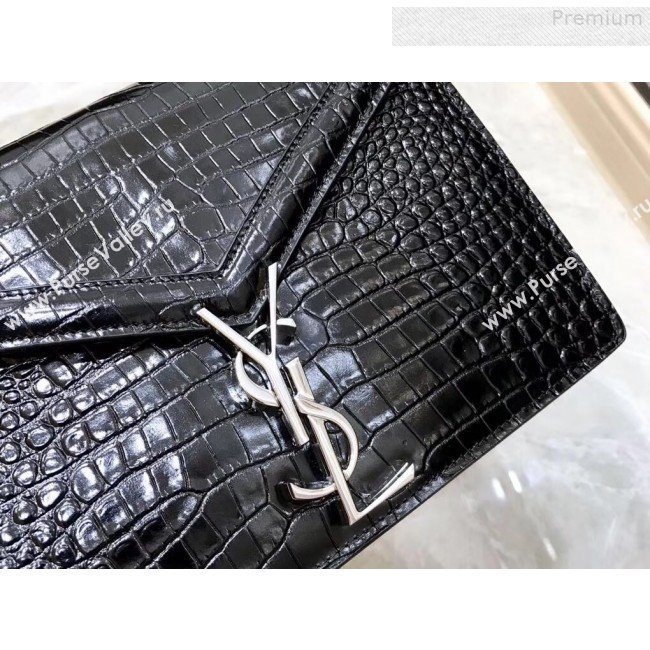 Saint Laurent Cassandra Monogram Clasp Shoulder Bag in Crocodile Embossed Leather 532750 Black 2019 (YIDA-9081005)