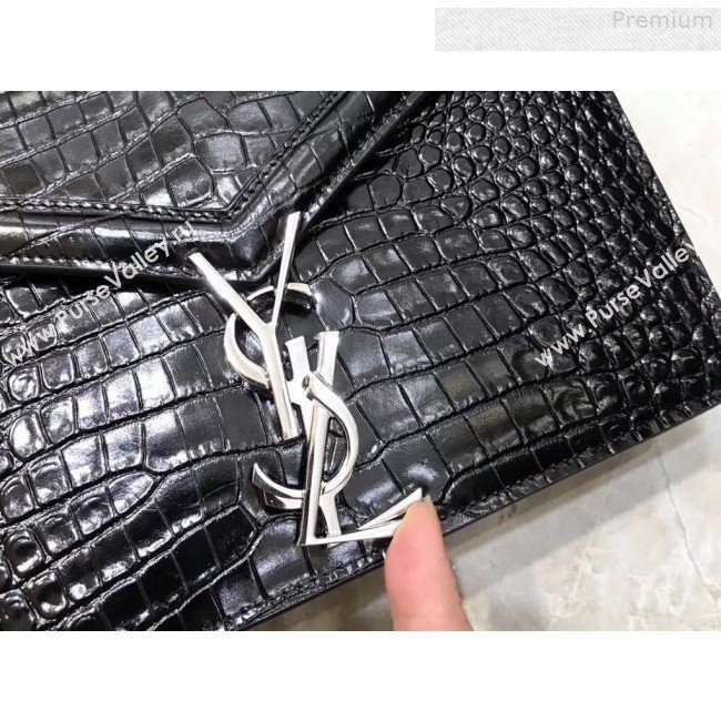 Saint Laurent Cassandra Monogram Clasp Shoulder Bag in Crocodile Embossed Leather 532750 Black 2019 (YIDA-9081005)