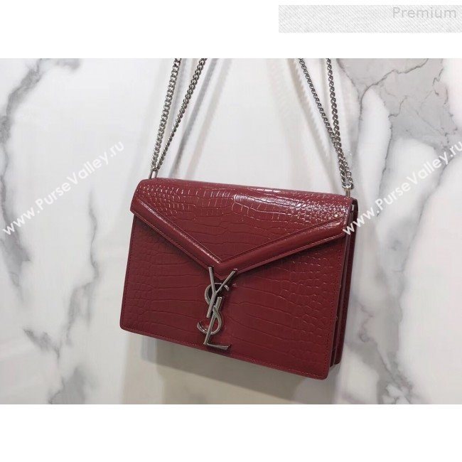 Saint Laurent Cassandra Monogram Clasp Shoulder Bag in Crocodile Embossed Leather 532750 Red 2019 (YIDA-9081004)