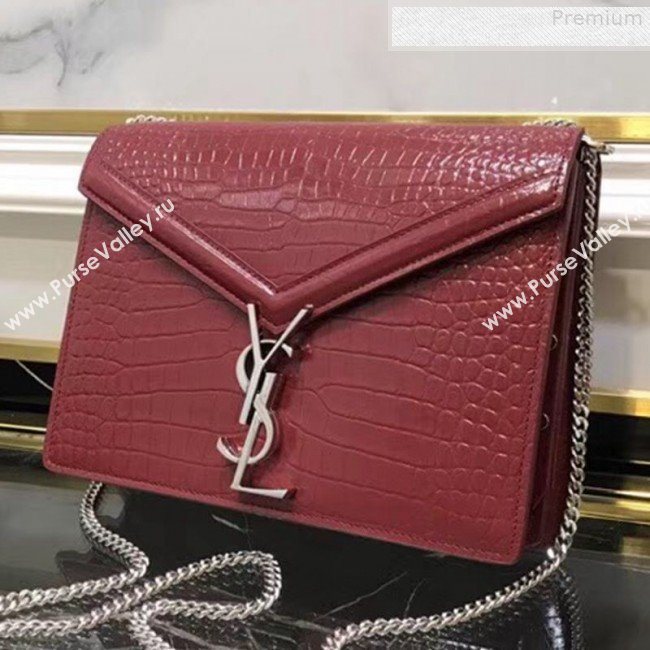 Saint Laurent Cassandra Monogram Clasp Shoulder Bag in Crocodile Embossed Leather 532750 Red 2019 (YIDA-9081004)