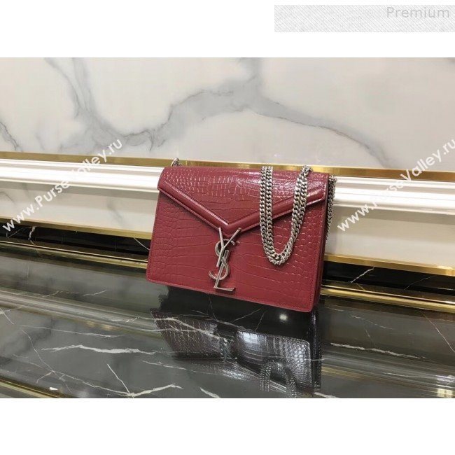 Saint Laurent Cassandra Monogram Clasp Shoulder Bag in Crocodile Embossed Leather 532750 Red 2019 (YIDA-9081004)