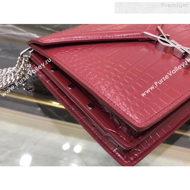 Saint Laurent Cassandra Monogram Clasp Shoulder Bag in Crocodile Embossed Leather 532750 Red 2019 (YIDA-9081004)