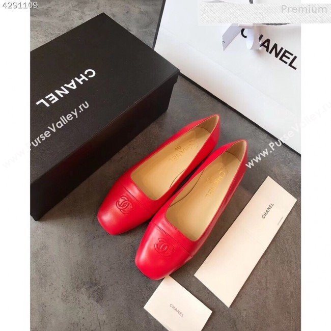 Chanel Lambskin Square Top Open Flat Ballerinas Red 2019 (EM-9081013)