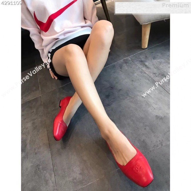 Chanel Lambskin Square Top Open Flat Ballerinas Red 2019 (EM-9081013)