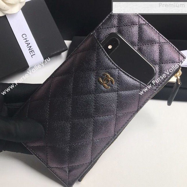 Chanel Iridescent Quilted Grained Calfskin Classic Pouch for iPhone AP0225 Black 2019 (A77-9080923)