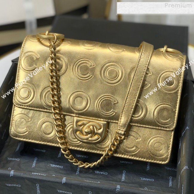 Chanel Metallic Calfskin Embossed Coco Medium Flap Bag AS0932 Gold 2019 (FM-9081337)