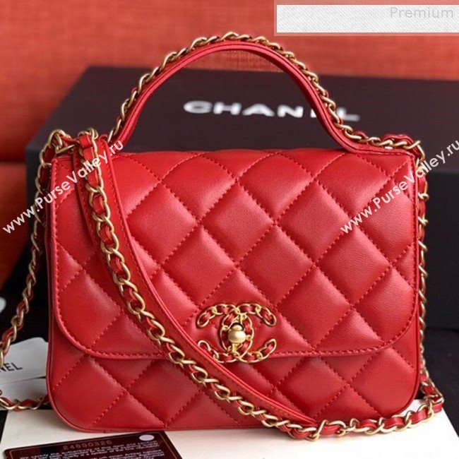 Chanel Quilted Lambskin Chain Trim Flap Top Handle Bag AS0970 Red 2019 (FM-9081341)