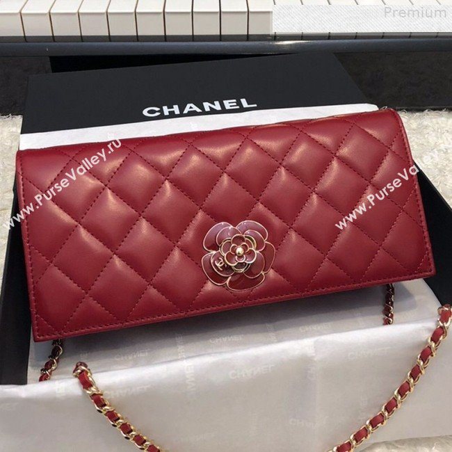 Chanel Quilted Lambskin Camellia Flap Evening Clutch with Chain Red 2019 (FM-9081347)