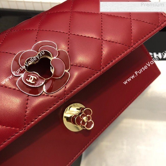 Chanel Quilted Lambskin Camellia Flap Evening Clutch with Chain Red 2019 (FM-9081347)