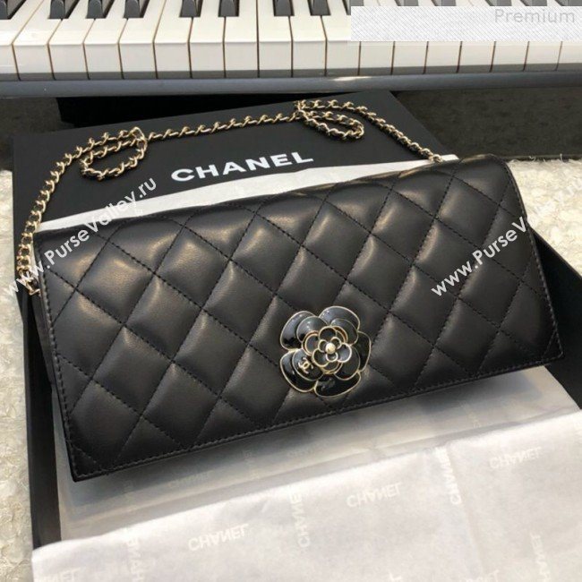 Chanel Quilted Lambskin Camellia Flap Evening Clutch with Chain Black 2019 (FM-9081346)