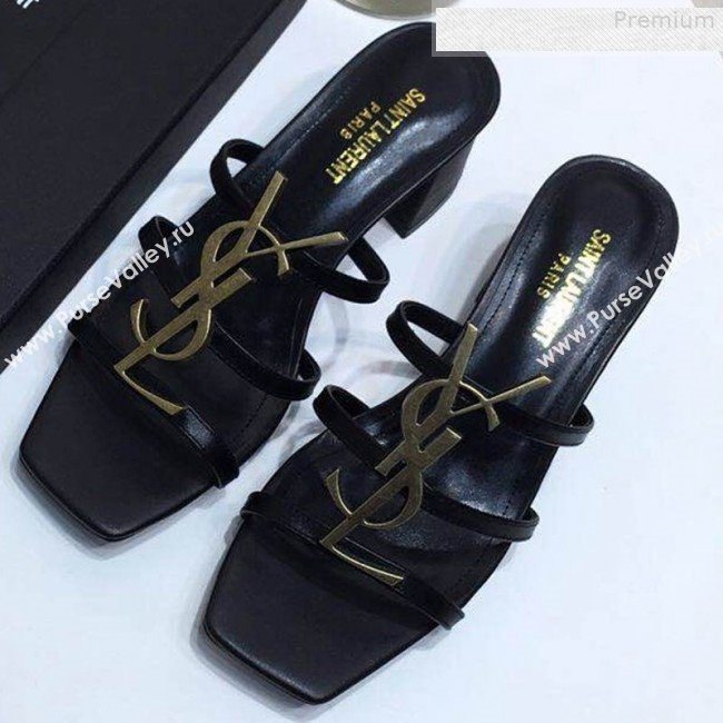Saint Laurent Cassandra YSL Calfskin Mid-Heel Slide Sandals Black/Gold 2019 (DLY-9081253)