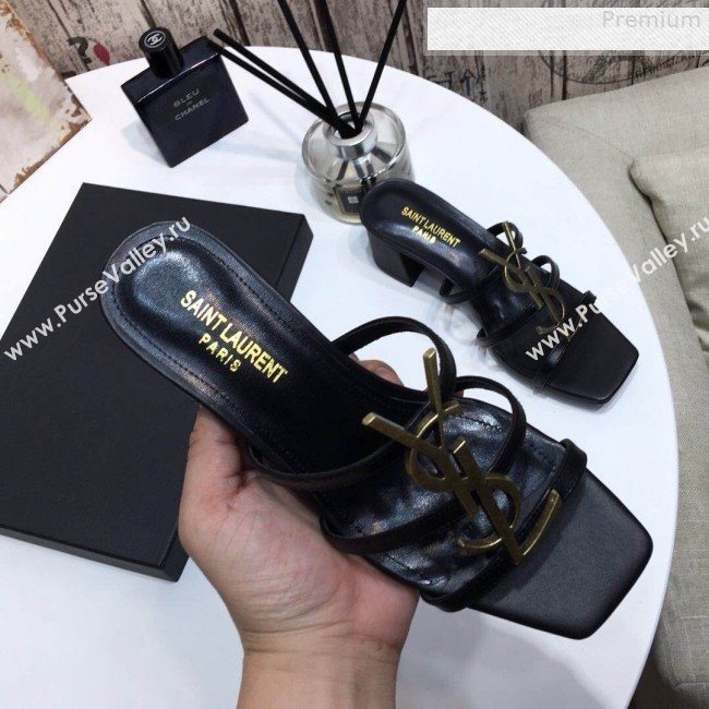 Saint Laurent Cassandra YSL Calfskin Mid-Heel Slide Sandals Black/Gold 2019 (DLY-9081253)