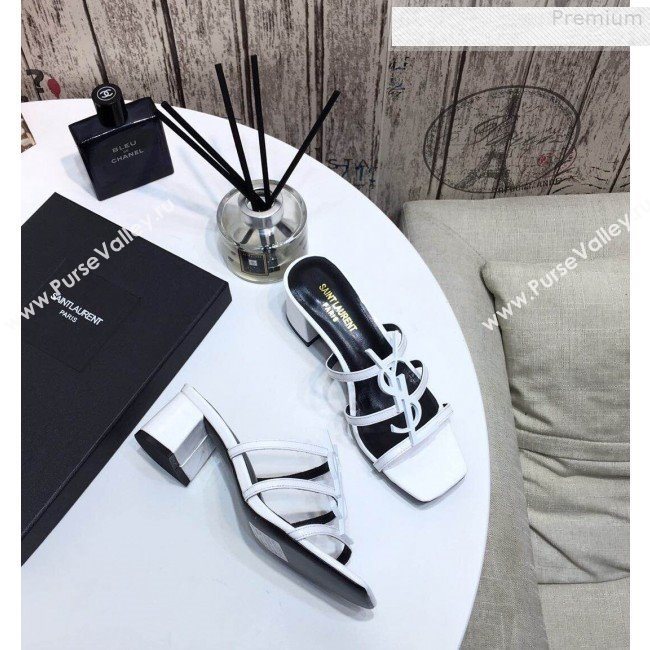 Saint Laurent Cassandra YSL Calfskin Mid-Heel Slide Sandals White 2019 (DLY-9081254)