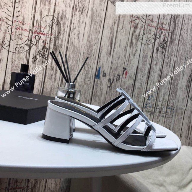 Saint Laurent Cassandra YSL Calfskin Mid-Heel Slide Sandals White 2019 (DLY-9081254)