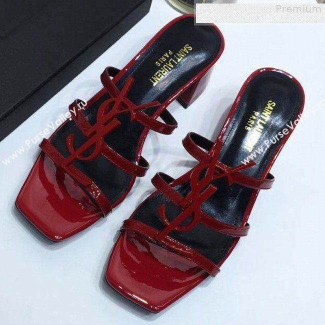 Saint Laurent Cassandra YSL Patent Calfskin Mid-Heel Slide Sandals Red 2019 (DLY-9081255)