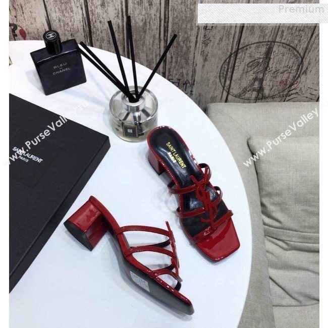 Saint Laurent Cassandra YSL Patent Calfskin Mid-Heel Slide Sandals Red 2019 (DLY-9081255)