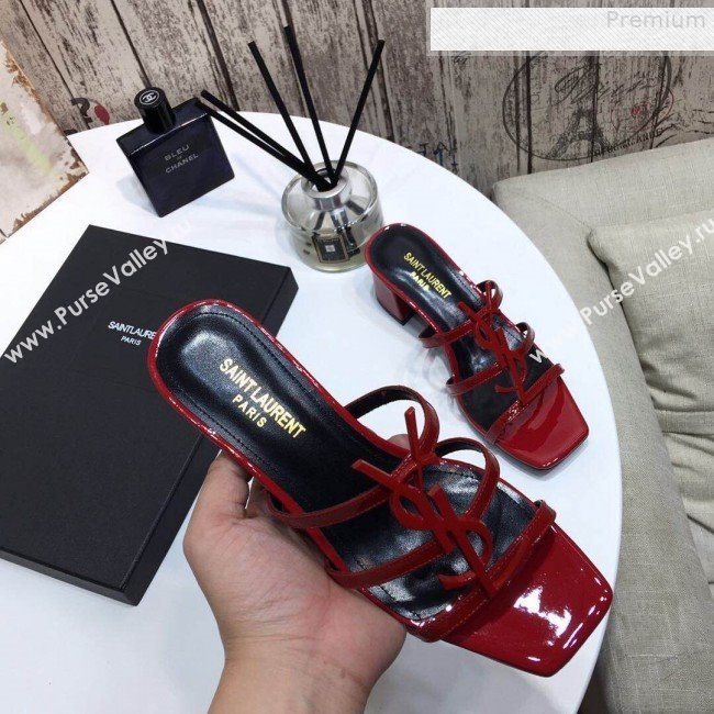 Saint Laurent Cassandra YSL Patent Calfskin Mid-Heel Slide Sandals Red 2019 (DLY-9081255)