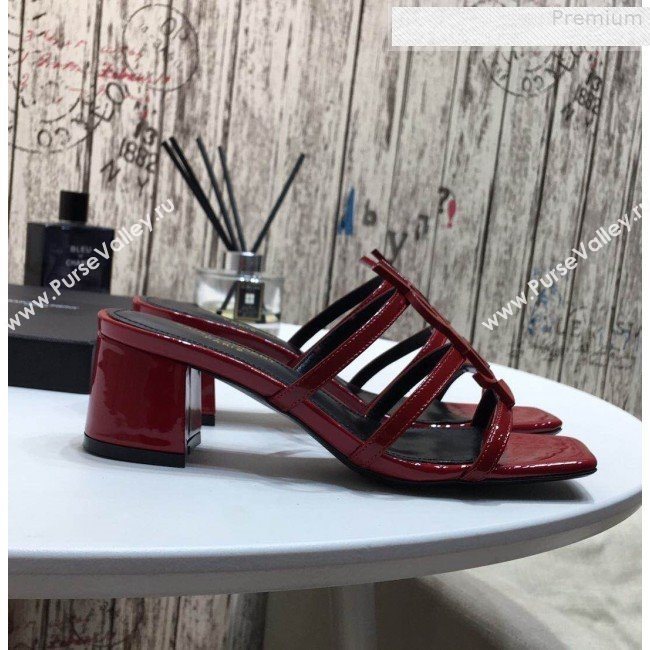 Saint Laurent Cassandra YSL Patent Calfskin Mid-Heel Slide Sandals Red 2019 (DLY-9081255)