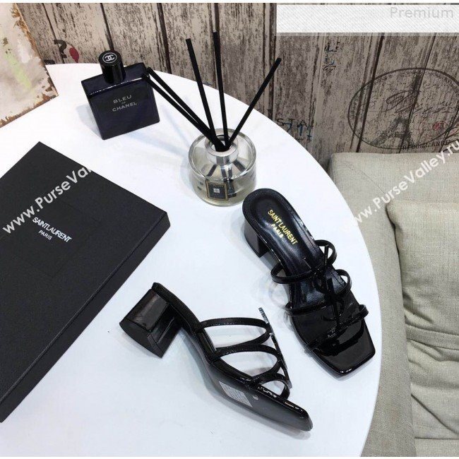 Saint Laurent Cassandra YSL Patent Calfskin Mid-Heel Slide Sandals Black 2019 (DLY-9081256)