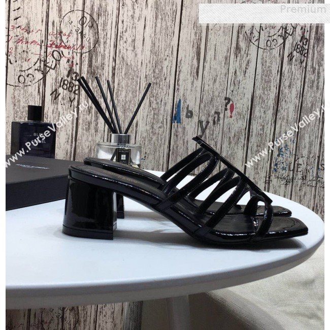 Saint Laurent Cassandra YSL Patent Calfskin Mid-Heel Slide Sandals Black 2019 (DLY-9081256)