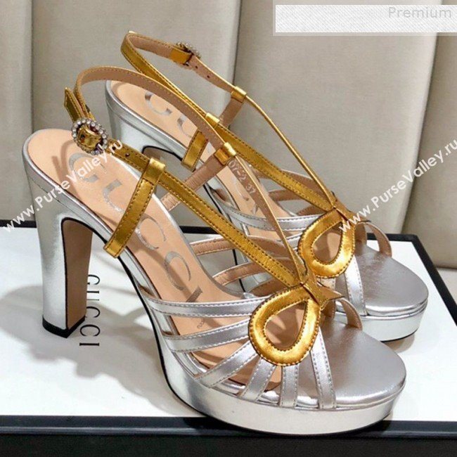 Gucci Metallic Leather Cutout Bow High-Heel Platform Sandals Gold/Silver 2019 (DLY-9081258)