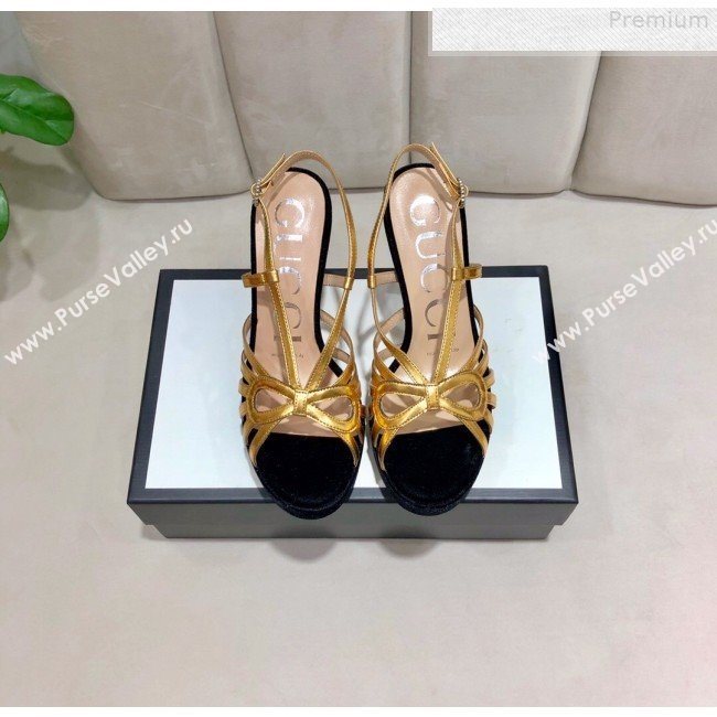 Gucci Metallic Leather Cutout Bow High-Heel Platform Sandals Gold/Black 2019 (DLY-9081260)