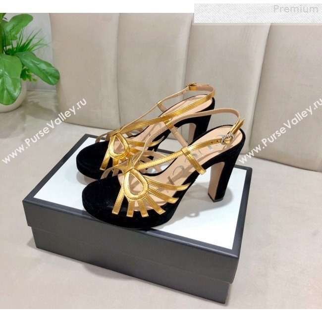 Gucci Metallic Leather Cutout Bow High-Heel Platform Sandals Gold/Black 2019 (DLY-9081260)
