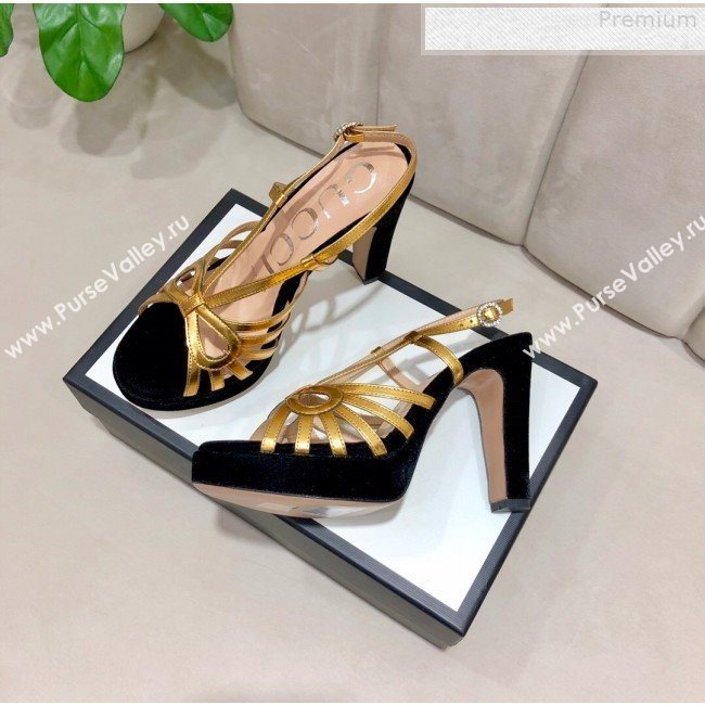 Gucci Metallic Leather Cutout Bow High-Heel Platform Sandals Gold/Black 2019 (DLY-9081260)