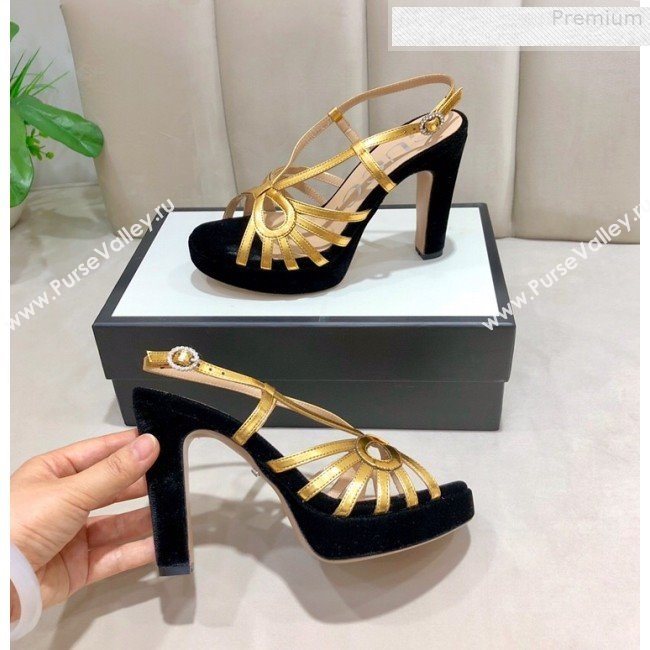 Gucci Metallic Leather Cutout Bow High-Heel Platform Sandals Gold/Black 2019 (DLY-9081260)