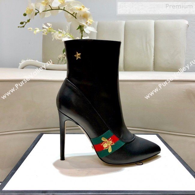 Gucci Leather High-heel Short Boot with Web and Bee Black 2019 (DLY-9081614)