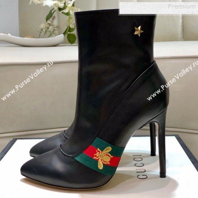 Gucci Leather High-heel Short Boot with Web and Bee Black 2019 (DLY-9081614)