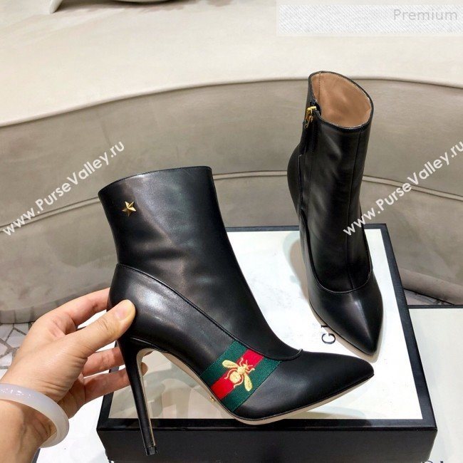 Gucci Leather High-heel Short Boot with Web and Bee Black 2019 (DLY-9081614)