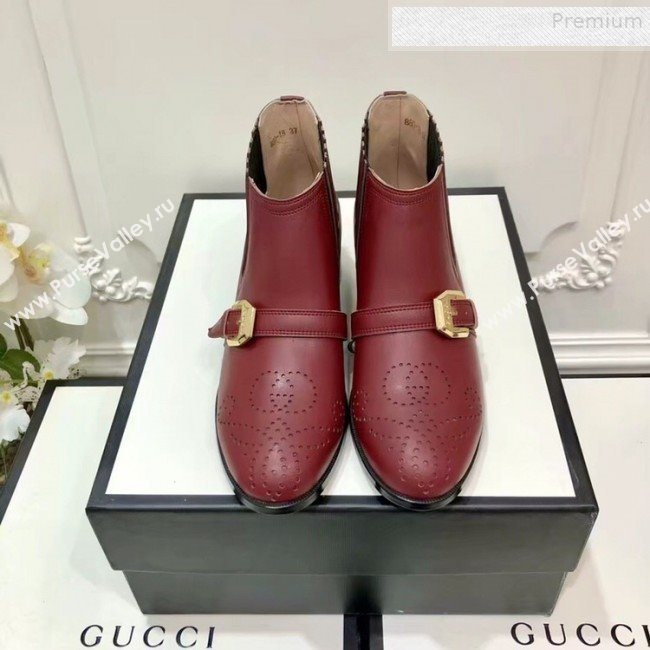 Gucci Womens Leather Ankle Short Boot with G Buckle 572992 Burgundy 2019 (DLY-9081616)