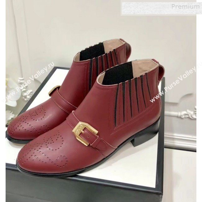 Gucci Womens Leather Ankle Short Boot with G Buckle 572992 Burgundy 2019 (DLY-9081616)