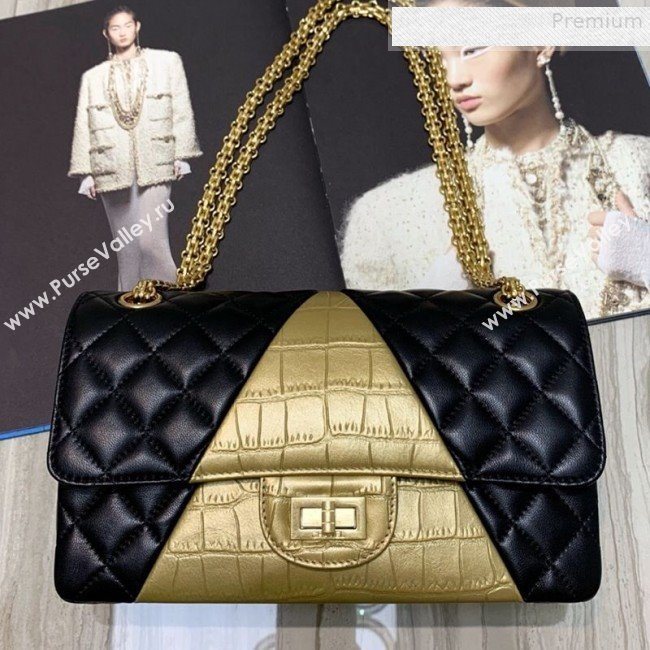Chanel Quilted Lambskin and Crocodile Embossed Calfskin Medium 2.55 Flap Bag A37586 Black 2019 (SSZ-9081716)