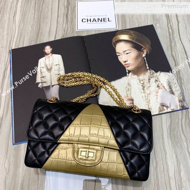 Chanel Quilted Lambskin and Crocodile Embossed Calfskin Medium 2.55 Flap Bag A37586 Black 2019 (SSZ-9081716)