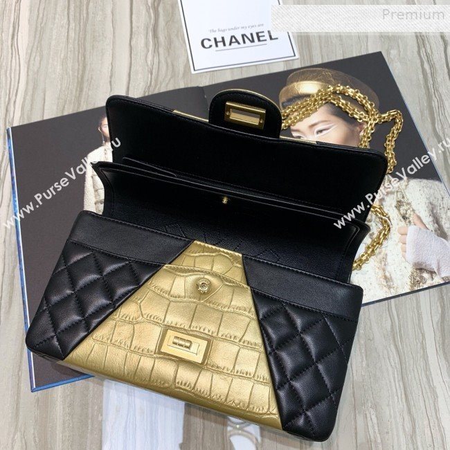 Chanel Quilted Lambskin and Crocodile Embossed Calfskin Medium 2.55 Flap Bag A37586 Black 2019 (SSZ-9081716)