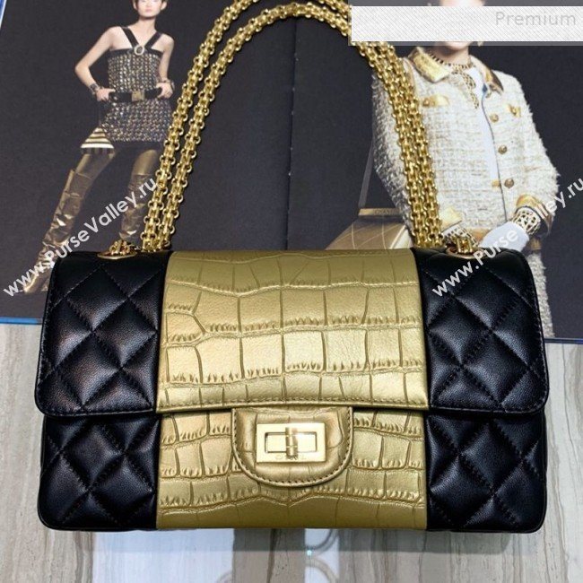 Chanel Lambskin and Crocodile Embossed Calfskin Medium 2.55 Flap Bag A37586 Black/Gold 2019 (SSZ-9081714)