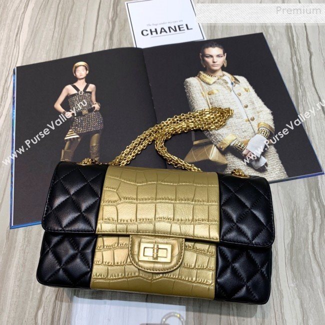 Chanel Lambskin and Crocodile Embossed Calfskin Medium 2.55 Flap Bag A37586 Black/Gold 2019 (SSZ-9081714)