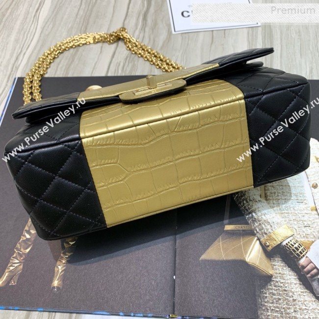 Chanel Lambskin and Crocodile Embossed Calfskin Medium 2.55 Flap Bag A37586 Black/Gold 2019 (SSZ-9081714)