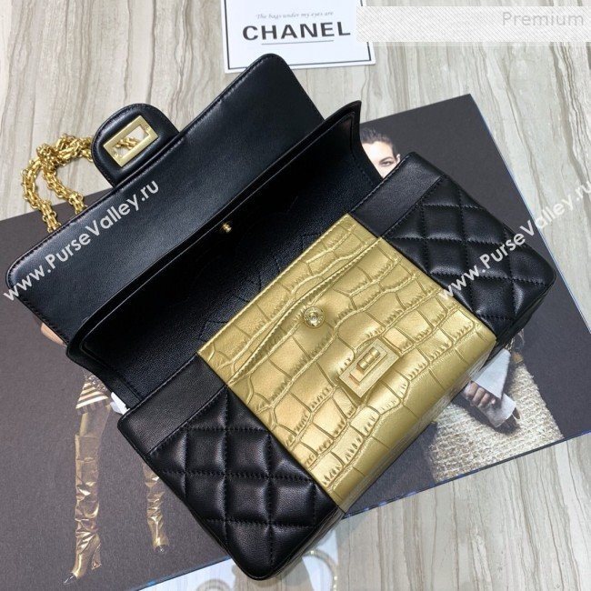 Chanel Lambskin and Crocodile Embossed Calfskin Medium 2.55 Flap Bag A37586 Black/Gold 2019 (SSZ-9081714)