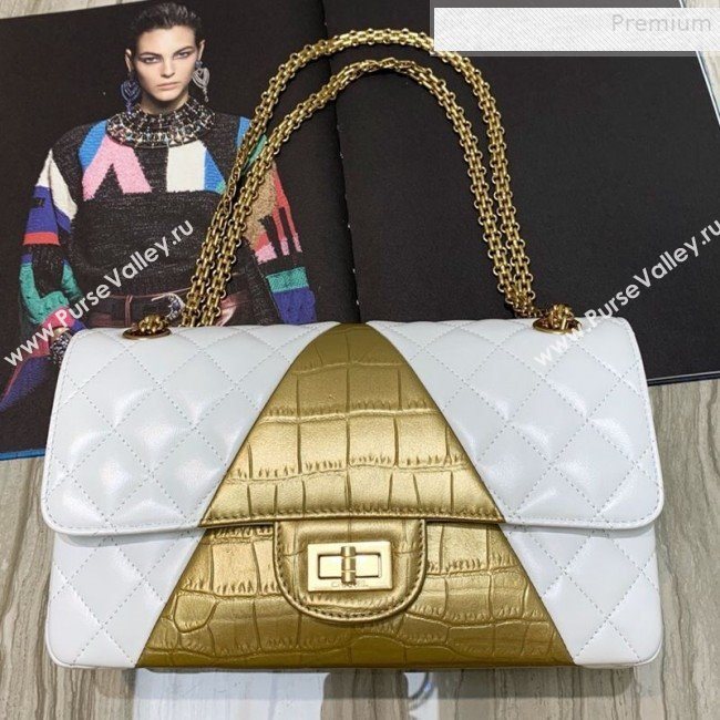 Chanel Quilted Lambskin and Crocodile Embossed Calfskin Medium 2.55 Flap Bag A37586 White 2019 (SSZ-9081717)