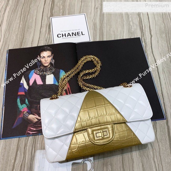 Chanel Quilted Lambskin and Crocodile Embossed Calfskin Medium 2.55 Flap Bag A37586 White 2019 (SSZ-9081717)