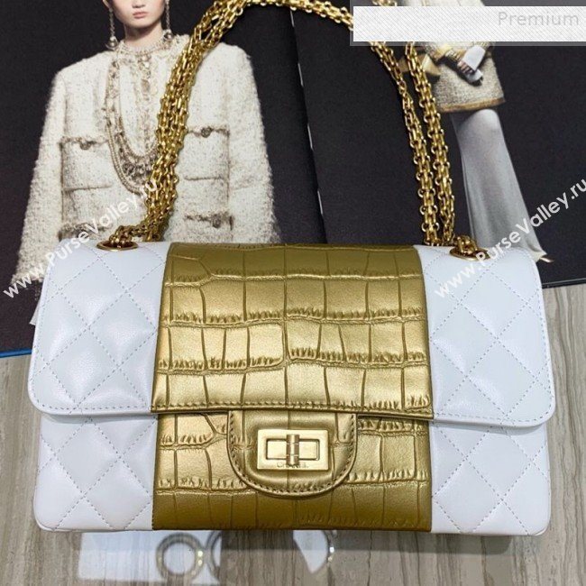 Chanel Lambskin and Crocodile Embossed Calfskin Medium 2.55 Flap Bag A37586 White/Gold 2019 (SSZ-9081715)