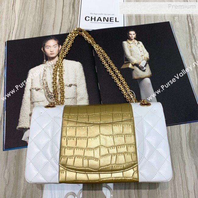 Chanel Lambskin and Crocodile Embossed Calfskin Medium 2.55 Flap Bag A37586 White/Gold 2019 (SSZ-9081715)