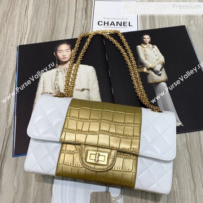 Chanel Lambskin and Crocodile Embossed Calfskin Medium 2.55 Flap Bag A37586 White/Gold 2019 (SSZ-9081715)