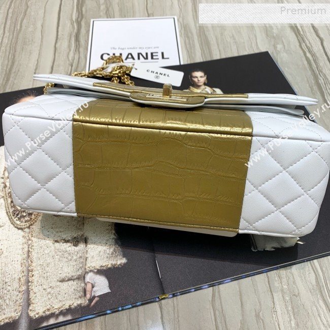 Chanel Lambskin and Crocodile Embossed Calfskin Medium 2.55 Flap Bag A37586 White/Gold 2019 (SSZ-9081715)